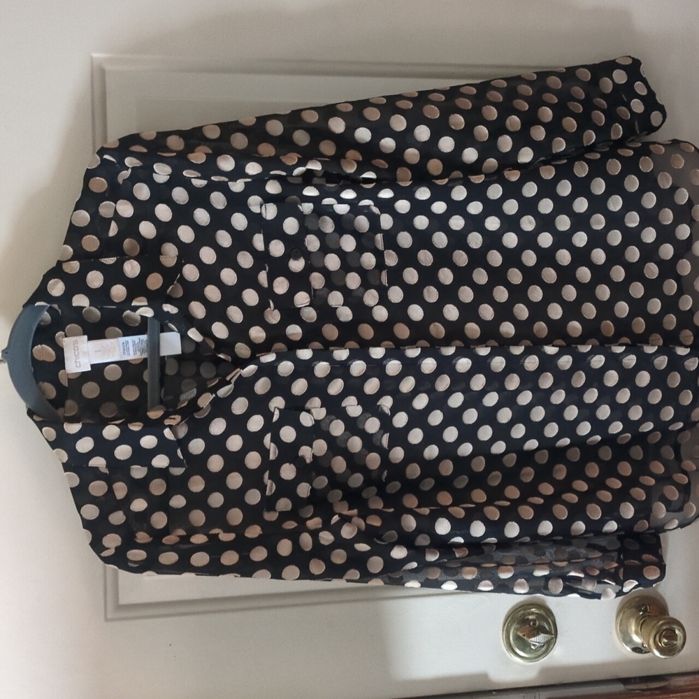 Chico's Black Blouse with Gold Polka Dots